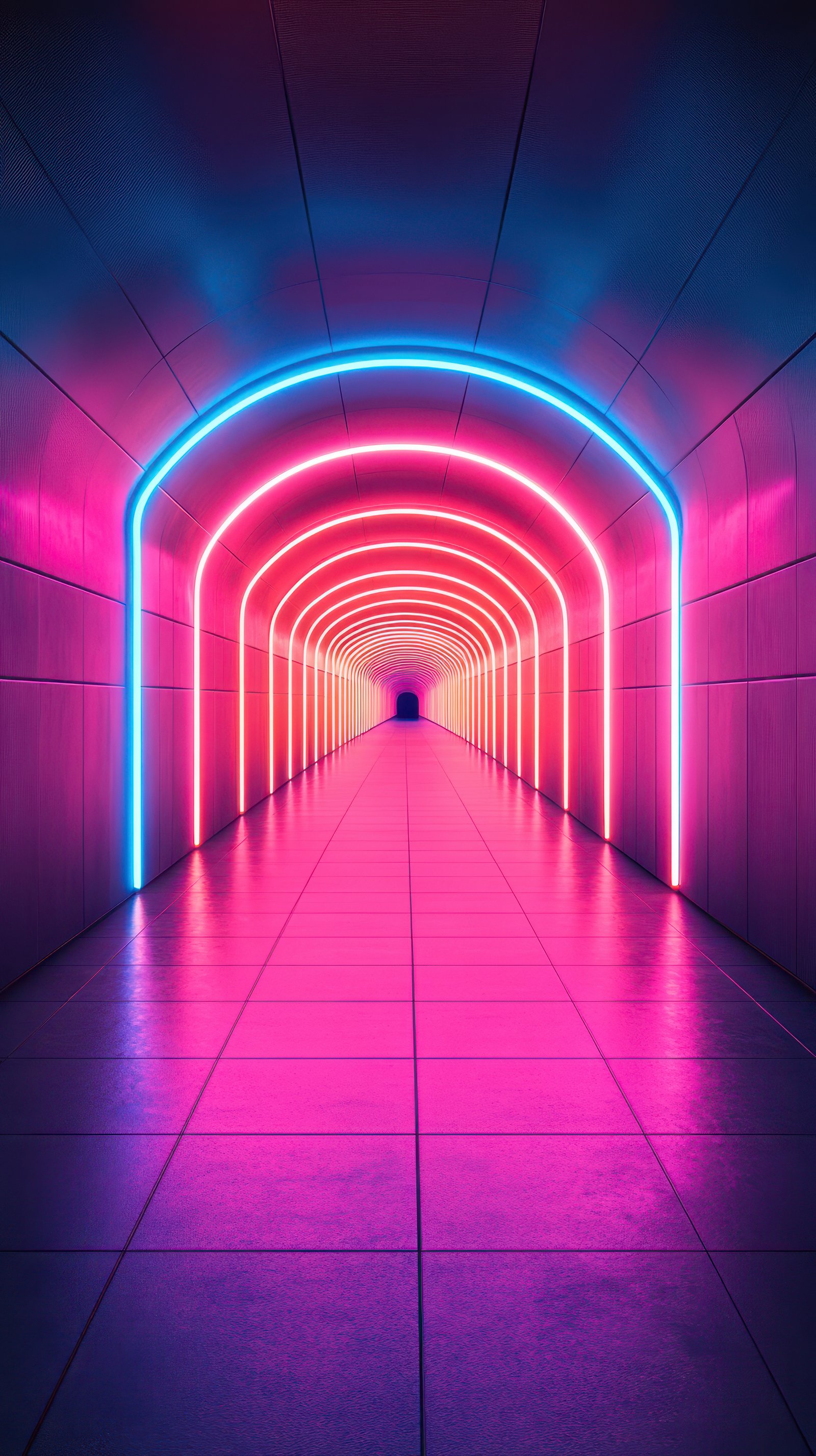 Bright neon tunnel with colorful lights creating a vibrant atmosphere in an underground passageway at night